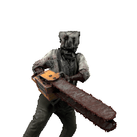 a man with a bag on his head holds a chainsaw