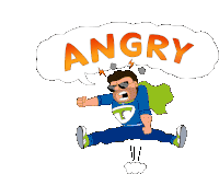 a cartoon of a man jumping in the air with a speech bubble that says angry