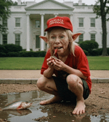 a person wearing a maga hat squats in front of the white house