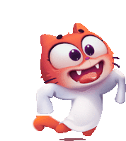 a cartoon cat wearing a white sweater is running with its tongue out