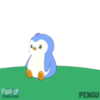 a blue and white penguin is sitting on a green surface with the word pengu on the bottom