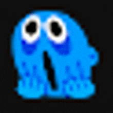 a pixel art of a blue monster with white eyes on a black background