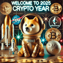 a doge figurine sits in front of a poster that says welcome to 2025