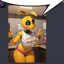 chica from five nights at freddy 's is wearing a shirt that says " get a dirty "