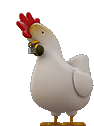 a white chicken with a red comb and a bell in its beak is standing on its hind legs .