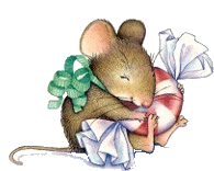 a mouse is holding a candy cane with a bow around its neck