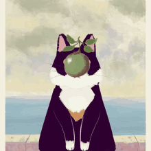 a cat with a green apple on its head