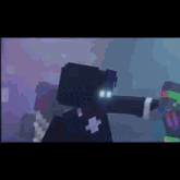 a pixel art of a person in a suit and bow tie holding a gun in a dark room .