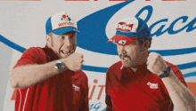 a man wearing a wonder hat and a man wearing a dunkin ' donuts hat