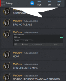 a screenshot of a conversation between mrcrow and brooo