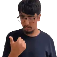 a man wearing glasses and a black shirt giving a thumbs up