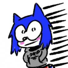 a cartoon drawing of a blue cat wearing a drip hoodie