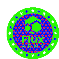 a green circle with red and blue stars and the words flux army on it