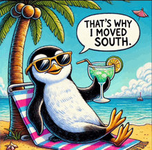 an illustration of a penguin on the beach with a speech bubble that says that 's why i moved south .