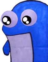 a blue cartoon character with big eyes and a purple mouth