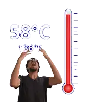 a man holds his head in front of a thermometer that reads 58 degrees celsius