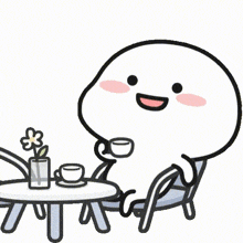 a cartoon character is sitting at a table with a cup of coffee and a flower in a vase
