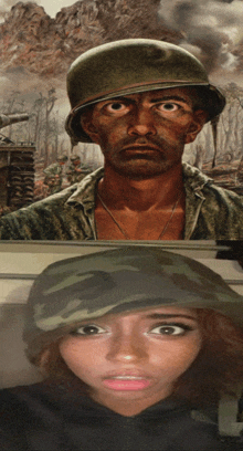 a painting of a man in a helmet next to a woman in a camouflage hat