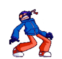 a pixel art drawing of a person dancing with a bomb on his head .