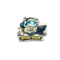 a sticker of a robot working on a computer with the words work mode written below it