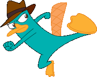 a cartoon of perry the platypus wearing a hat and kicking