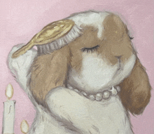 a painting of a brown and white rabbit with a pearl necklace and a brush on its head