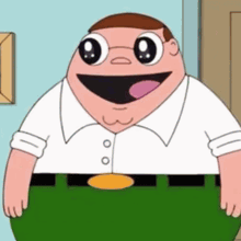 peter griffin from family guy is smiling and sticking his tongue out