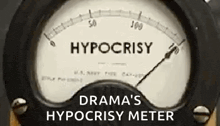a close up of a hypocrisy meter with the words `` drama 's hypocrisy meter '' above it .