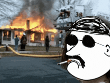 a drawing of a man smoking a cigarette in front of a house on fire