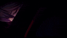 a cartoon character with purple hair and red eyes is looking out of a window