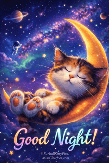 a cat is sleeping on a crescent moon with the words good night written below it
