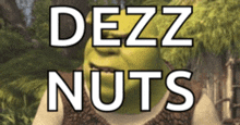 shrek says dezz nuts in front of trees