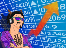 a man with a tattoo on his chest is standing in front of a stock chart that says 6.9420