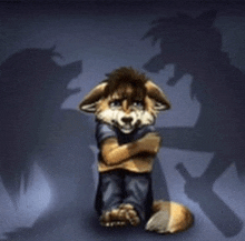 a furry fox is sitting with his arms crossed in front of a shadow of a wolf