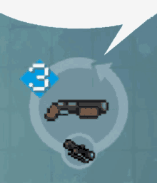 a pixel art drawing of a gun and a speech bubble with the number 3 on it