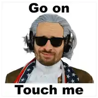a man wearing sunglasses and headphones has the words go on touch me below him