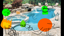 a drawing of a swimming pool with a waterfall in the background