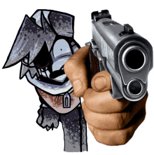 a hand pointing a gun at a cartoon character with the number 0 on his neck