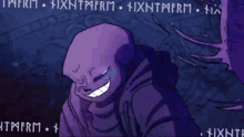 a cartoon drawing of a purple skeleton with the letters ixntmfrm on the bottom