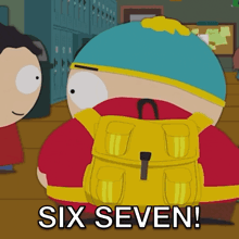 a cartoon character with a yellow backpack and the words six seven on the bottom