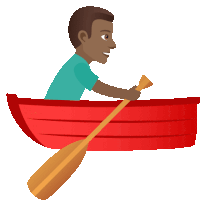 a man is paddling a red boat with a wooden paddle