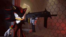 shadow the hedgehog is holding a gun behind a fence