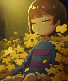 a drawing of a girl surrounded by yellow flowers with her eyes closed