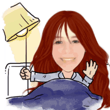 a cartoon of a woman laying in bed with a lamp