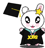 a cartoon rabbit wearing a graduation cap and gown with the word jobs on the front