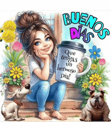 a girl is sitting on a doorstep holding a cup that says que tengas un hermoso dia