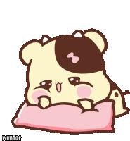 a cartoon of a cow laying on a pink pillow