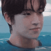 a close up of a person 's face in a pool of water .