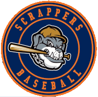 a logo for the scrappers baseball team has a bulldog holding a bat