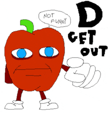 a cartoon apple says " not funny " while pointing